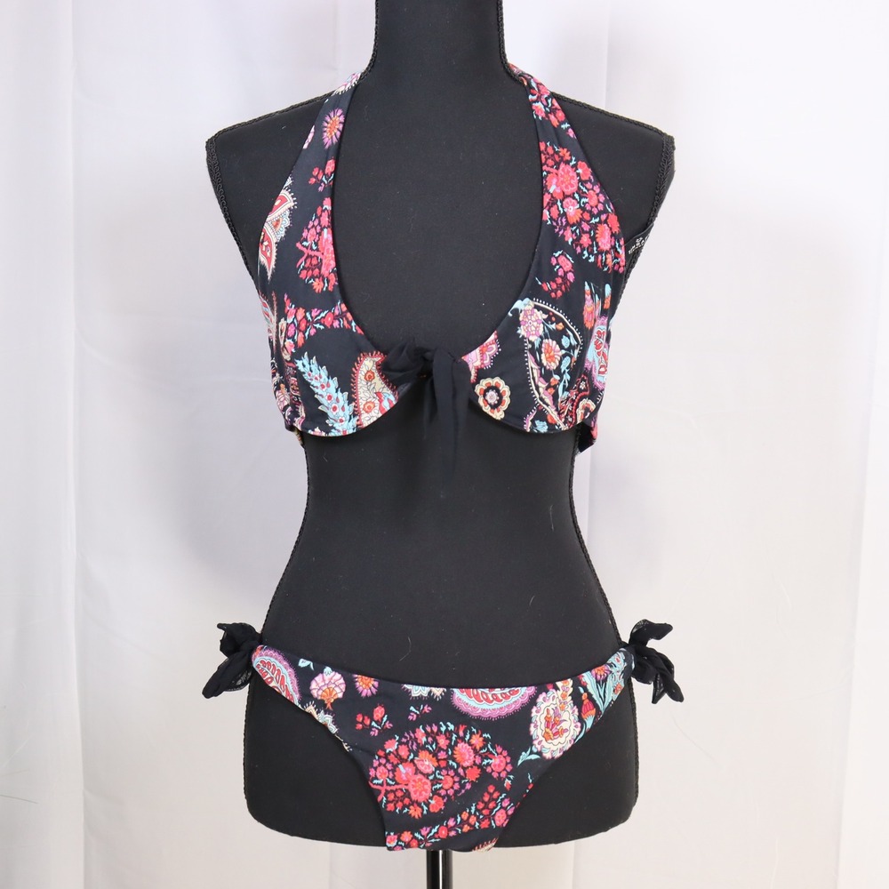 Zingara‎ Bikini Set S Black Floral Womens Halter Paisley Swimsuit